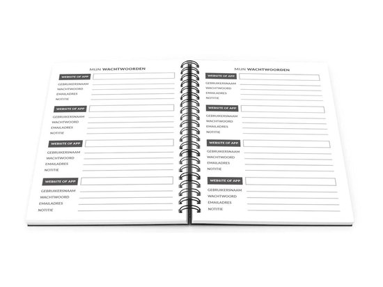 Open notitieboek met twee pagina's met invulvelden voor websites, gebruikersnamen en wachtwoorden.