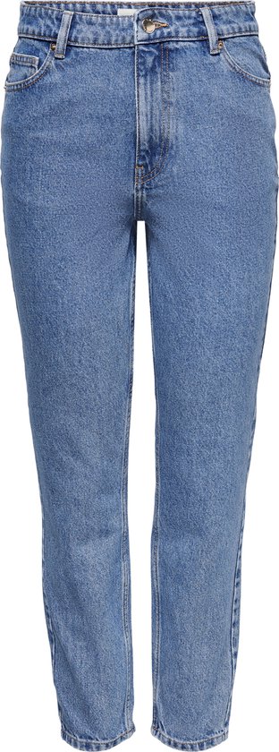 Blauwe high waist mom jeans met rechte pijp en knoopsluiting, op de voorgrond.