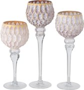 Luxe glazen design kaarsenhouders/windlichten set van 3x stuks taupe/goud met formaat tussen de 30 en 40 cm
