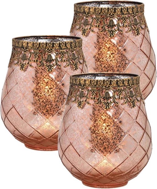 Set van 3x stuks glazen design windlicht/kaarsenhouder in de kleur rose goud met formaat 16 x 18 x 16 cm. Voor waxinelichtjes