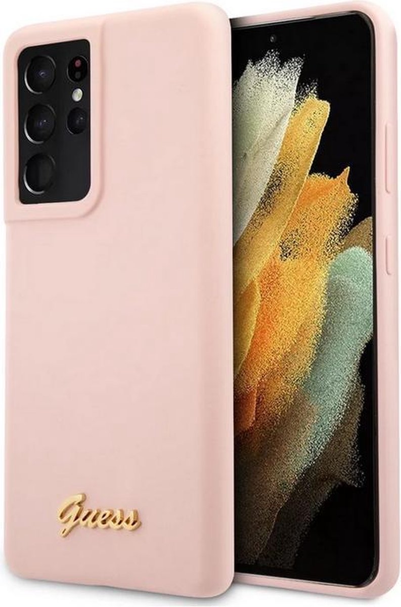 Guess Silicone Retro Back Cover - Geschikt voor Samsung Galaxy S21 Ultra - Roze