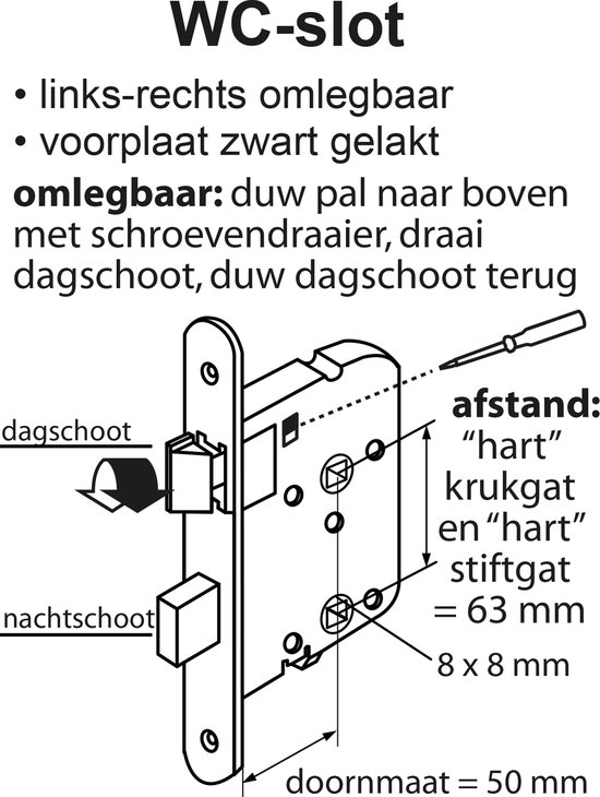 Illustratie van een WC-slot met dag- en nachtschoot, en specificaties