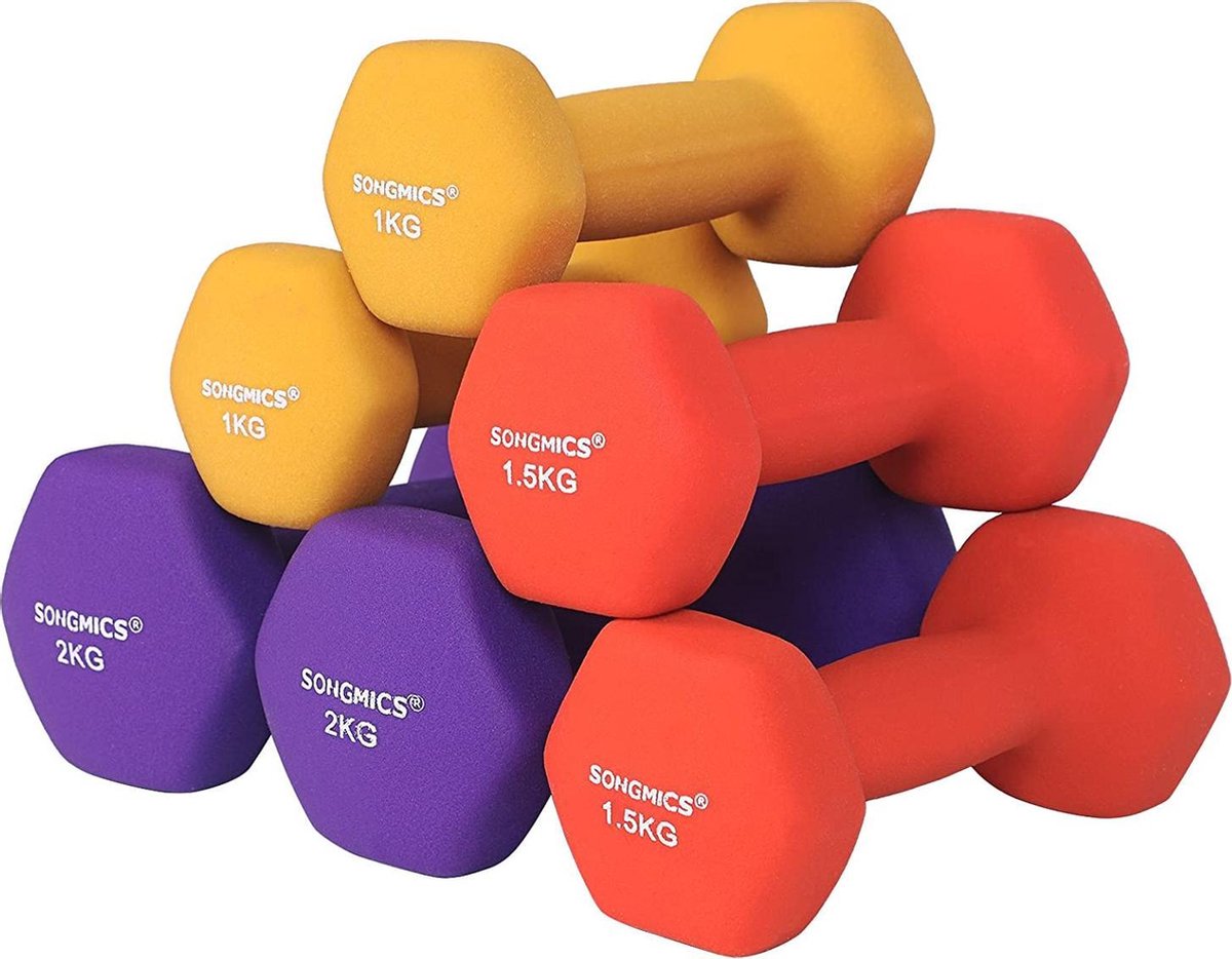 dumbbells dumbbell set, hexagon, met dumbbell stand, 2 x 1 kg, 2 x 1,5 kg, 2 x 2 kg, matte afwerking, neopreen coating, krachttraining voor dames, thuis, gym SYL69BK – foto 3