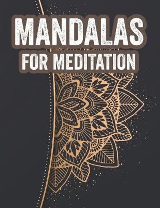 Mandalas for Meditation titel op een donkere achtergrond met een gouden mandala-illustratie.