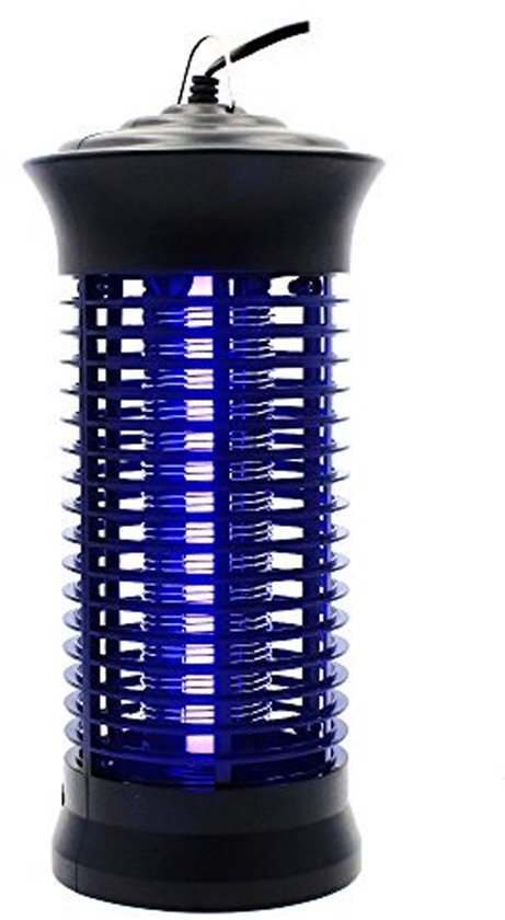 Zwarte staande insectenlamp met blauwe UV-lampen, op witte achtergrond.