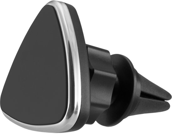 Zwarte driehoekige magnetische telefoonhouder met zilveren rand en zwarte klem voor ventilatierooster.