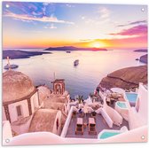 Tuinposter – Uitzicht op Zee in Santorini, Griekenland - 80x80cm Foto op Tuinposter  (wanddecoratie voor buiten en binnen)