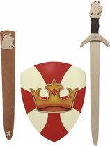 houtenzwaard met schede leeuw en Ridderschild kroon kinderzwaard ridderzwaard schild ridder
