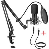 Microfoon voor PC & Laptop met USB Plug & Play & Microfoonarm- Studiomicrofoon met shockmount & popfilter- Incl. Tripod & Plopkap- Verstelbare arm