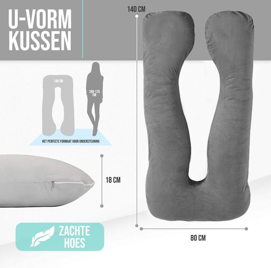Afmetingen van het grijze U-vormige zwangerschapskussen: 140 cm lengte, 80 cm breedte, 18 cm dikte. Illustratie toont perfect formaat voor ondersteuning.