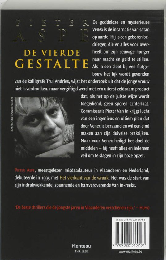 Achterkant boek 'De vierde gestalte' met portret van Pieter Aspe en de flaptekst.