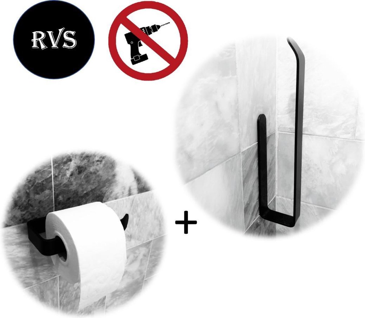 Toiletset Toiletaccessoires | Toiletrolhouder zonder boren | RVS Zwart Rh!no | Wc rolhouder + Reserverolhouder set| Closetrolhouder | Zelfklevend |