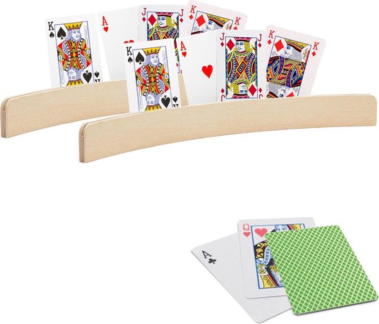 Thumbnail van een extra afbeelding van het spel 2x stuks Speelkaarthouders - inclusief 54 speelkaarten groen geruit - hout - 35 cm - kaarthouders