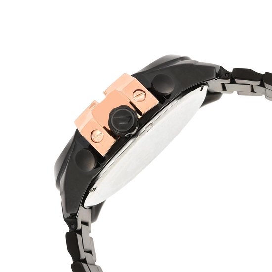 Zijprofiel van een zwart horloge met roségouden accenten en een zwarte band.