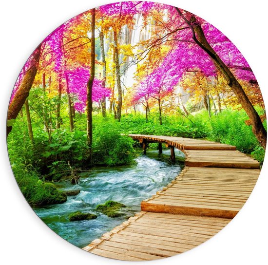 Dibond Wandcirkel - Vlonder onder Paarse Bomen - 90x90cm Foto op Aluminium Wandcirkel (met ophangsysteem)