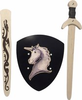 houtenzwaard met schede en Schild eenhoorn unicorn kinderzwaard ridderzwaard ridderschild ridder