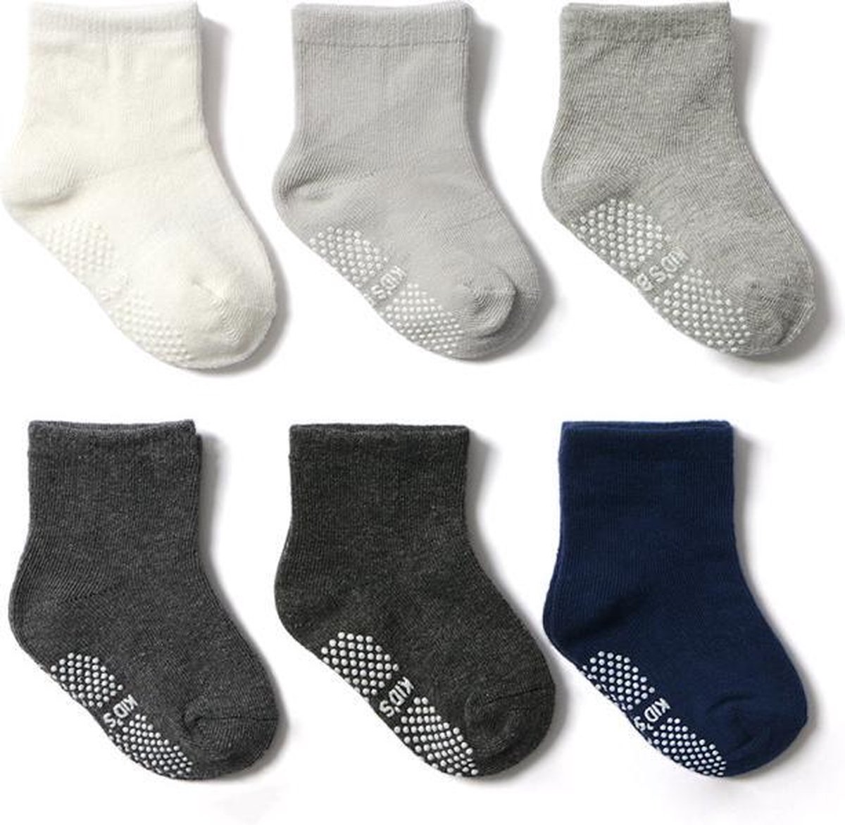 6 paar - Stevige baby Antislip sokken effen blauw grijs (6-12 mnd) - jongens meisjes - Merkloos