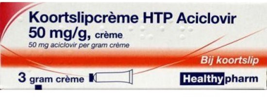 Doosje Koortslipcrème HTP Aciclovir 50 mg/g, 3 gram crème.