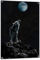 Tuinposter – Huilende Wolf bij Maan op Rots - 80x120cm Foto op Tuinposter  (wanddecoratie voor buiten en binnen)
