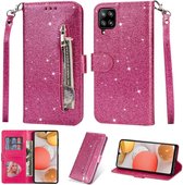 Bookcase Geschikt voor: Samsung Galaxy A42 Glitter met rits - hoesje - portemonnee hoesje - Roze