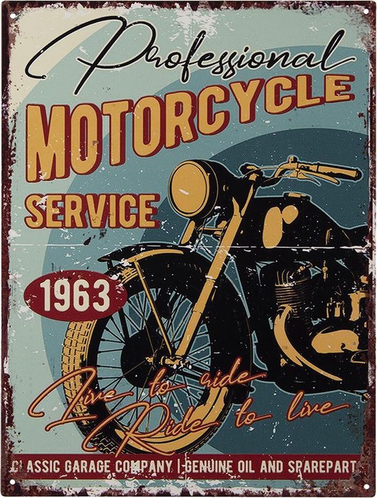 Clayre & Eef Tekstbord 25x33 cm Blauw Geel Ijzer Motorcycle Wandbord