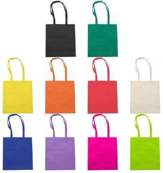 10x Draagtas in kleur- Textielvezel tassen met lange hengsel- Pakket van 10 verschillende kleuren