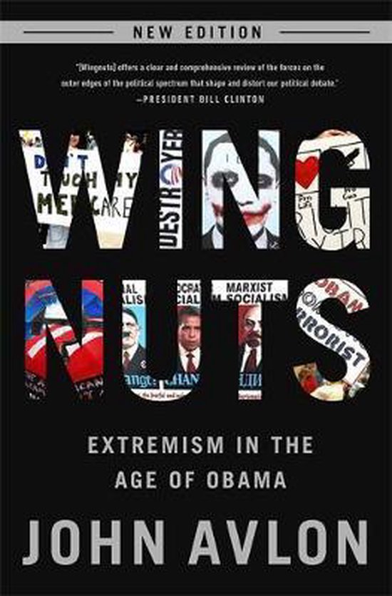 Boekomslag met de titel "Wing Nuts". Verschillende afbeeldingen, waaronder een Joker-gezicht, Hitler en politieke slogans, vormen de letters.