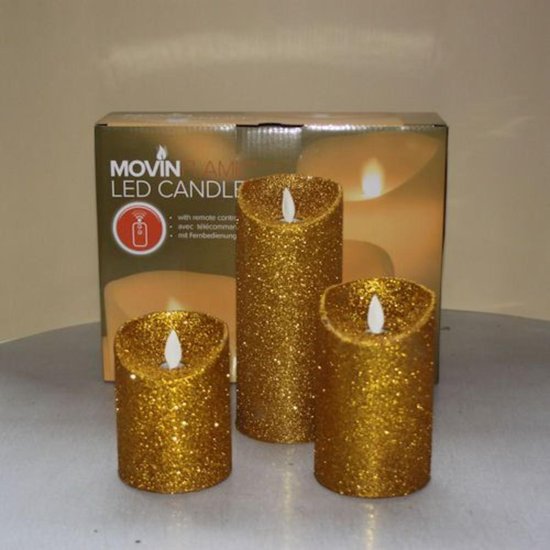 Set van drie Led Kaarsen Goud Glitter op batterijen met bewegende vlam en afstandsbediening