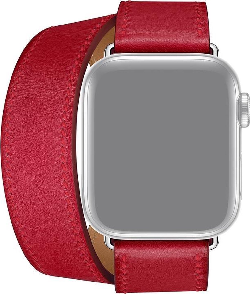 Double leather leer Loop bandje - Rood - Geschikt voor Apple Watch 44mm / 45mm / 46mm / 49mm (Ultra 1,2 en 3) - Smartwatch bandje - leren smartwatchbandje - Horlogebandje