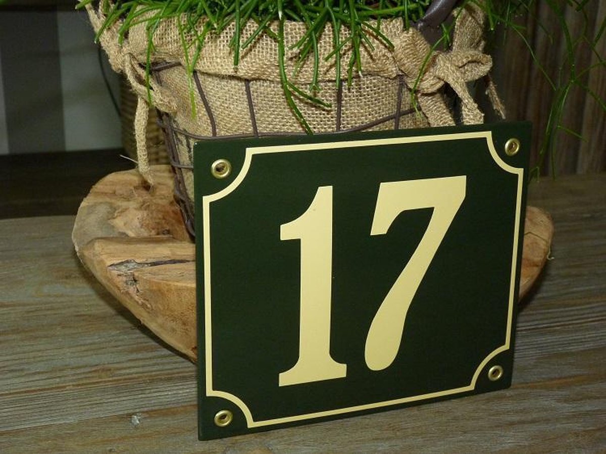 Emaille huisnummer 18x15 groen/creme nr. 17