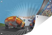 Tuindecoratie Illustratie van twee race auto's bij de finish - 60x40 cm - Tuinposter - Tuindoek - Buitenposter