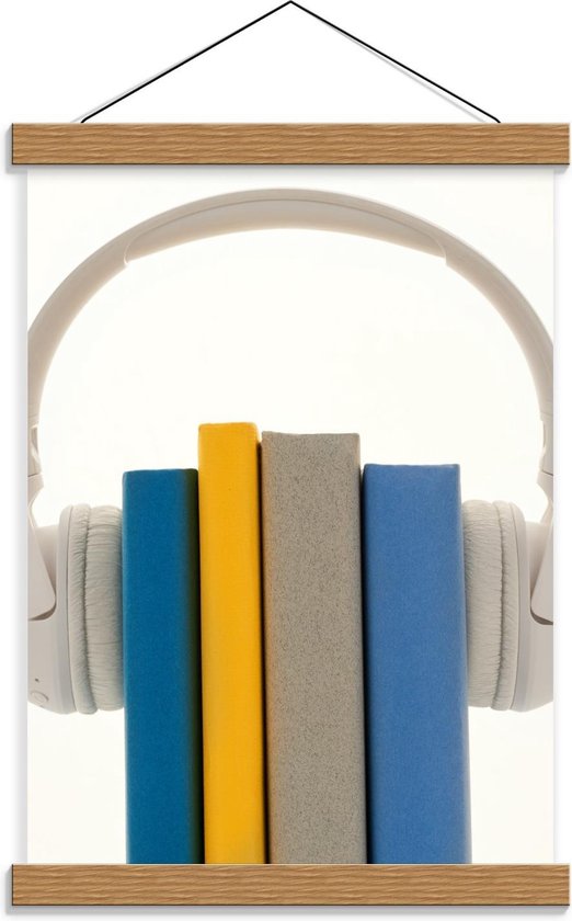 Schoolplaat – Witte Koptelefoon om Boeken - 30x40cm Foto op Textielposter (Wanddecoratie op Schoolplaat)