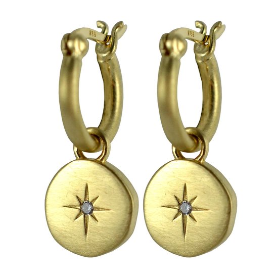 Silventi 9SIL-21427 Zilveren Oorringen met Hangertje - Dames - 12 mm Doorsnee - Ster - 10 mm Doorsnee - Zirkonia - Mat - Zilver - Gold Plated (Verguld/Goud op Zilver)