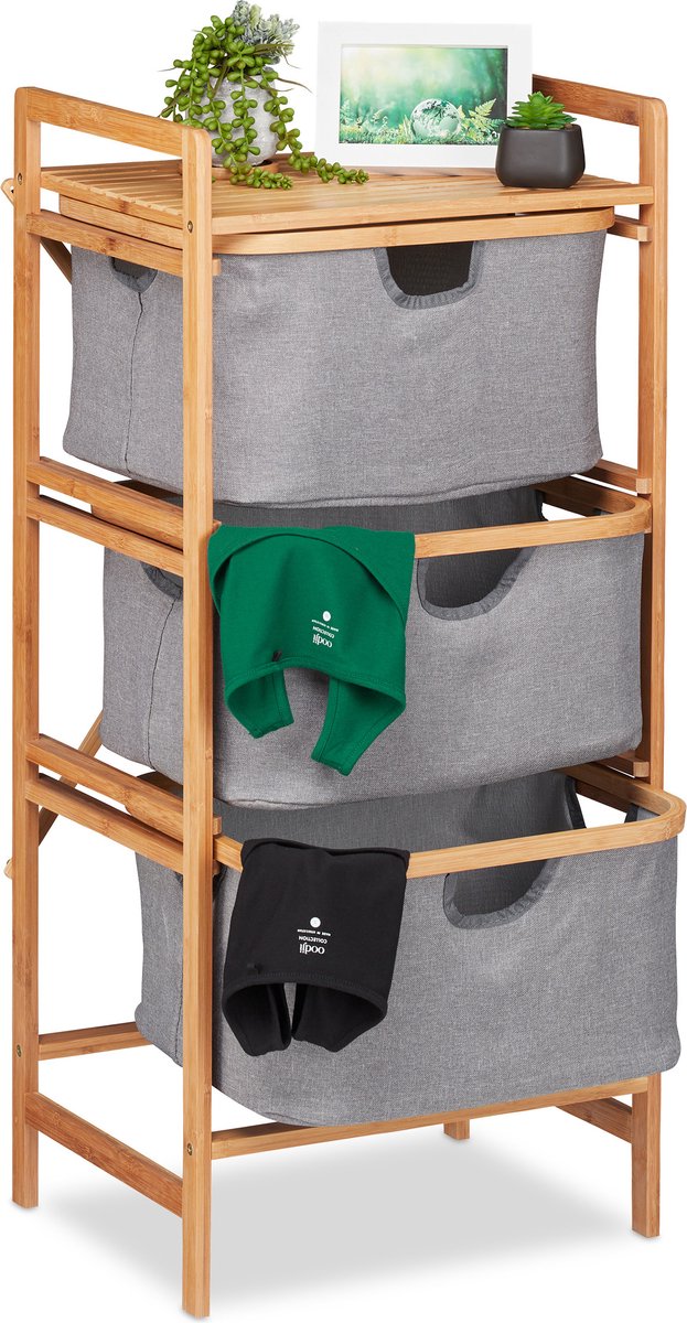 Goedkoopste wasmand bamboe - 3 vakken - badkamerrek - 96 x 44 x 34,5 cm - naturel-grijs