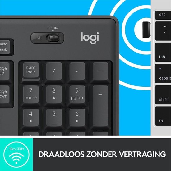 Detail van een zwart Logitech toetsenbord met numeriek toetsenblok en aan/uit-schakelaar. Tekst: DRAADLOOS ZONDER VERTRAGING.