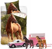 Paarden dekbedovertrek , bruin Paard bloemenweide-140x200 cm , 100% katoen- 1 persoons- dekbed- slaapkamer, incl. Auto speelset Paarden-transport