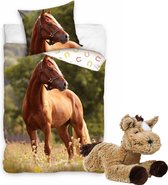 Paarden dekbedovertrek , bruin Paard bloemenweide-140x200 cm , 100% katoen- 1 persoons- dekbed- slaapkamer, incl. Grote paarden knuffel Licht Bruin 32 cm.