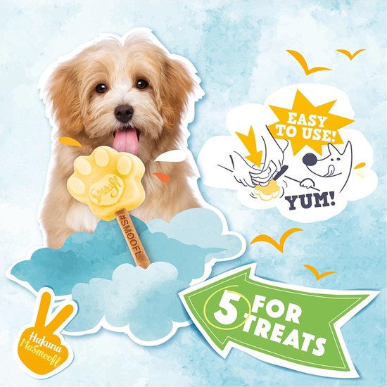 Lichte hond met tong uit, houdt een lichtgeel pootvormig ijsje vast. Tekst: "EASY TO USE! YUM!".