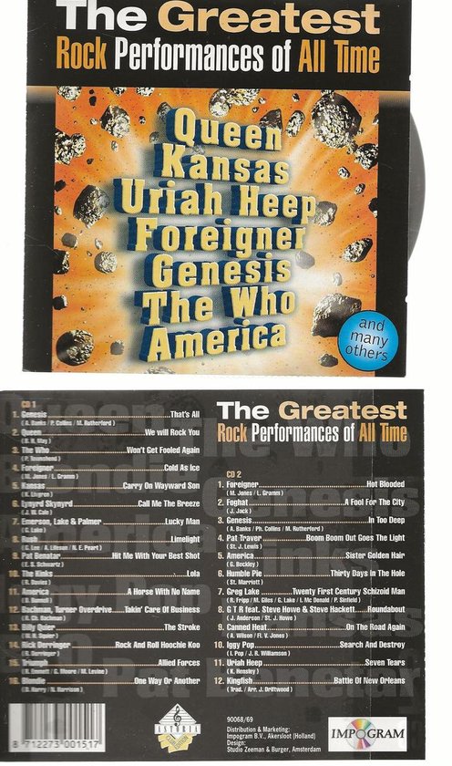 Albumhoes met de titel 'The Greatest Rock Performances Of All Time'. Onder de titel staan de namen Queen, Kansas, Uriah Heep, Foreigner, Genesis, The Who en America.