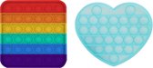 Pop It Fidget Unieke Set: Regenboog Vierkant & Glow in the Dark Hart Blauw - 2 Stuks - Fidget Toys - Pop it