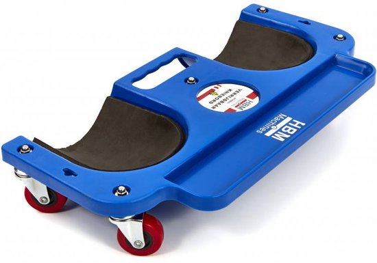 Blauw HBM kniebord met rode zwenkwielen, zwarte polstering en een opbergvak. HBM Machines logo.
