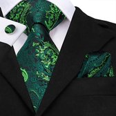 Luxe Groene Paisley stropdas met pochet en manchetknopen  (32440)