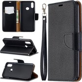 Voor Galaxy A10s litchi textuur pure kleur horizontale flip pu lederen tas met houder & kaartsleuven & portemonnee & lanyard (zwart)