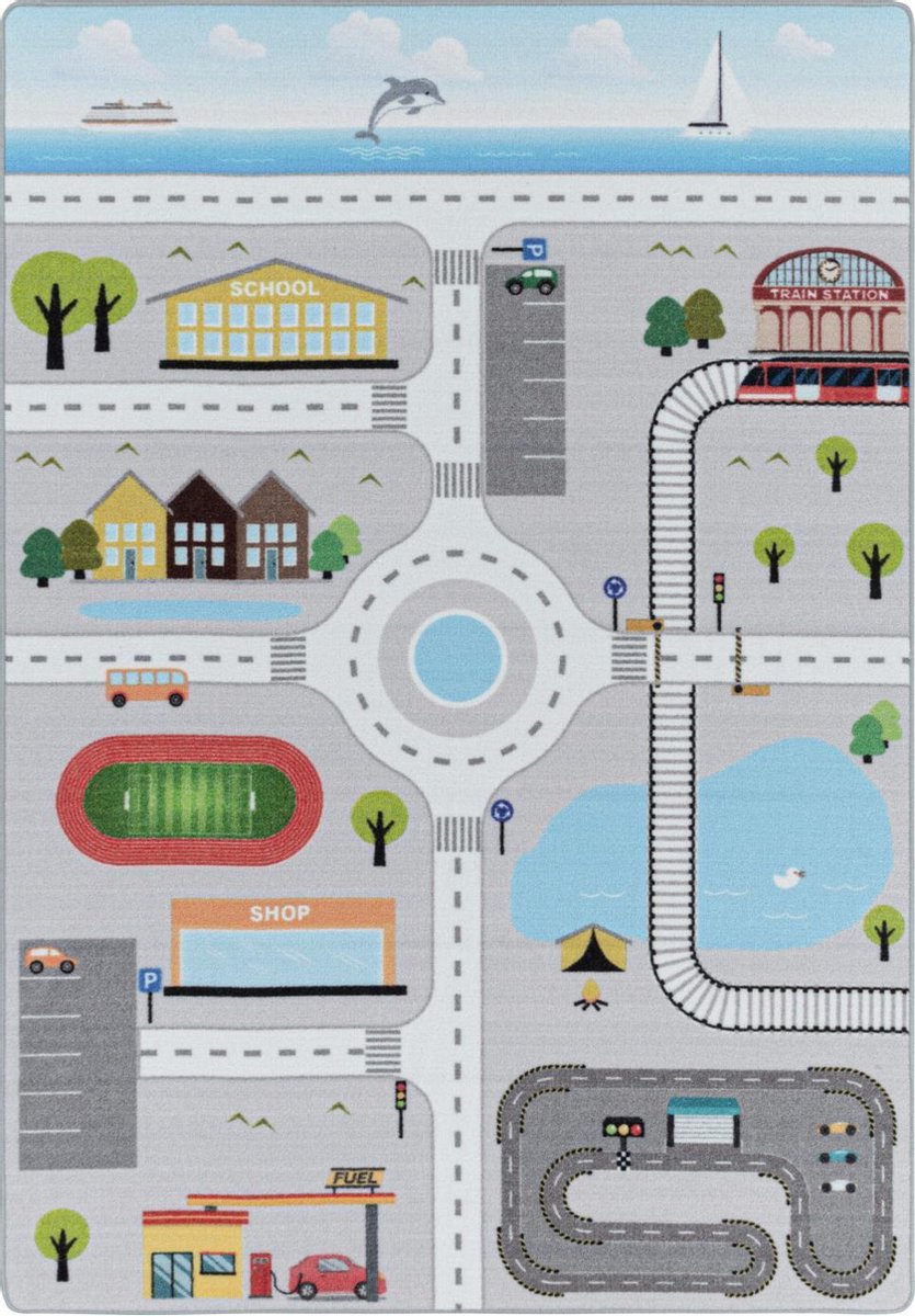 Vrolijk kinderkamer vloerkleed Play - Streets - grijs - 140x200 cm
