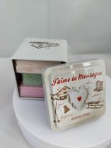 Metalen zeepblik vierkant met opdruk J'aime la Montagne met 3 gastenzeepjes - Vintage voorraadblik - Franse handzeep - Marseille zeep Marseillezeep