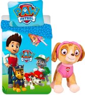 Paw Patrol Dekbedovertrek- 1 persoons 140x200cm- kussen 65x65cm- 100% katoen, incl. pluche pop Skye 27 cm