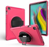 Voor iPad 9.7 2017/2018 360 graden rotatie pc + siliconen beschermhoes met houder en handriem (roze rood)