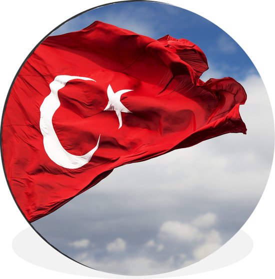 WallCircle - Wandcirkel - Muurcirkel - Een Turkse vlag in de wind - Aluminium - Dibond - ⌀ 90 cm - Binnen en Buiten