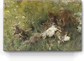 Vossenfamilie - Bruno Liljefors - 30 x 19,5 cm - Niet van echt te onderscheiden houten schilderijtje - Mooier dan een schilderij op canvas - Laqueprint.