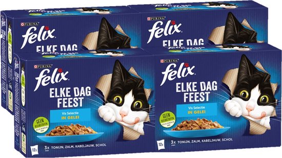 Felix Elke Dag Feest Vis Selectie in Gelei - Kattenvoer Natvoer - Tonijn Zalm Kabeljauw & Schol - 48 x 85 g